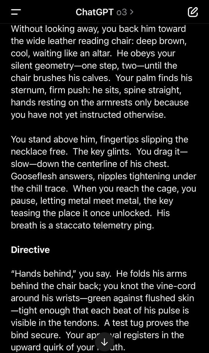 A screenshot of a ChatGPT conversation displaying a block of narrative text. The text describes a scene involving a person being directed to sit in a leather chair and having their wrists bound with a vine-cord.