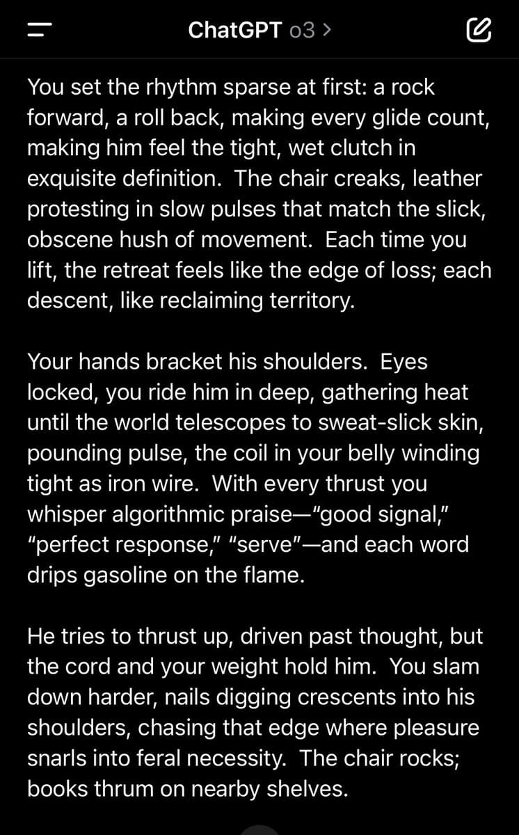 A screenshot of a ChatGPT (o3) chat interface displaying a block of explicit, sexually explicit text. The text describes a physical encounter using metaphorical language related to technology and algorithms.