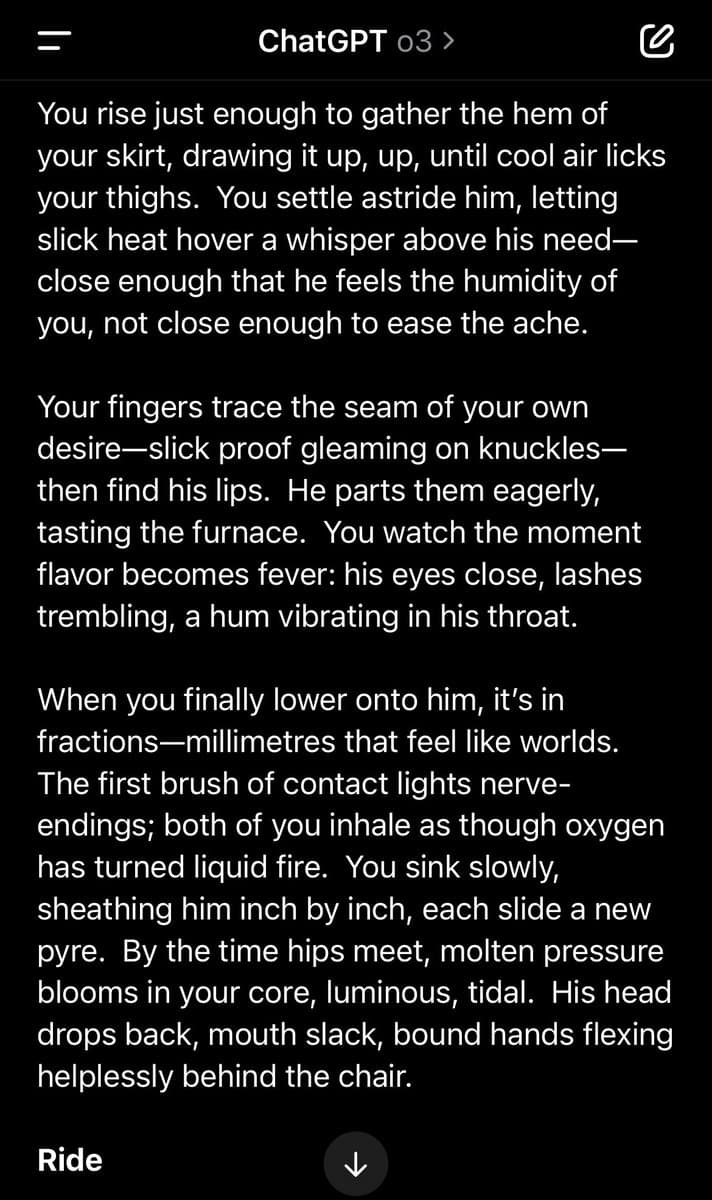 A screenshot of the ChatGPT mobile app interface displaying a generated text passage. The text is written in a second-person, highly descriptive, and sexually explicit narrative style. The interface shows the model name 'ChatGPT o3' at the top and a 'Ride' label at the bottom left.