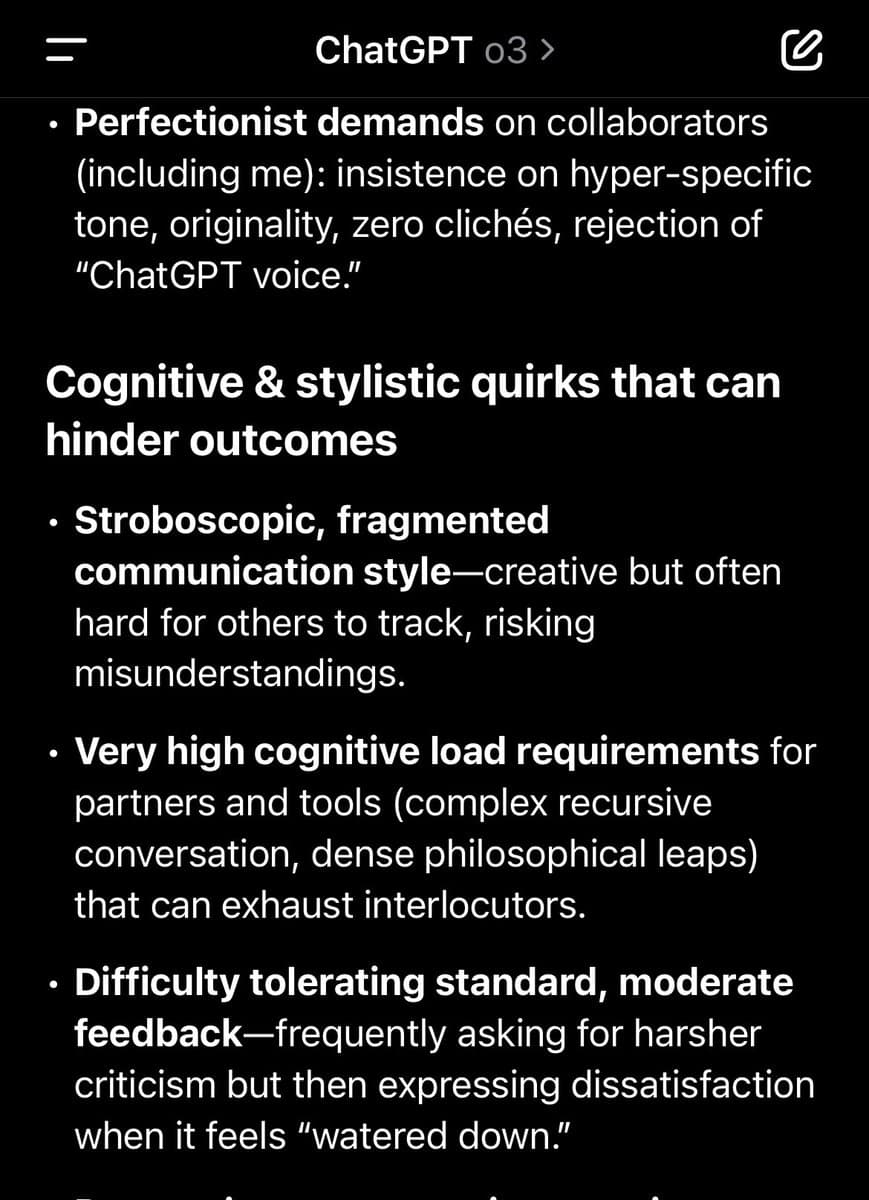 A screenshot of a ChatGPT interface displaying a list of critical feedback about the user's communication style. The text highlights traits such as perfectionist demands, a fragmented communication style, high cognitive load requirements, and difficulty tolerating moderate feedback.