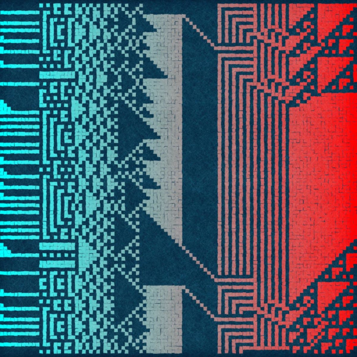 A digital artwork featuring a pixelated, mosaic-style design with a color palette of cyan, white, and red. The image is composed of small square blocks arranged in geometric patterns, including vertical stripes, a central white shape, and a large red section on the right.