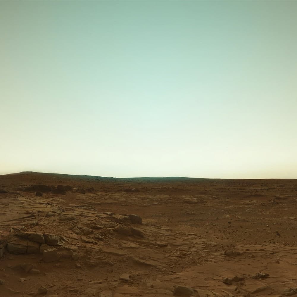 A landscape photograph of the Martian surface showing a rocky, reddish-brown terrain under a pale, hazy sky. The image captures a wide view of the barren desert-like environment with scattered stones and a distant horizon.
