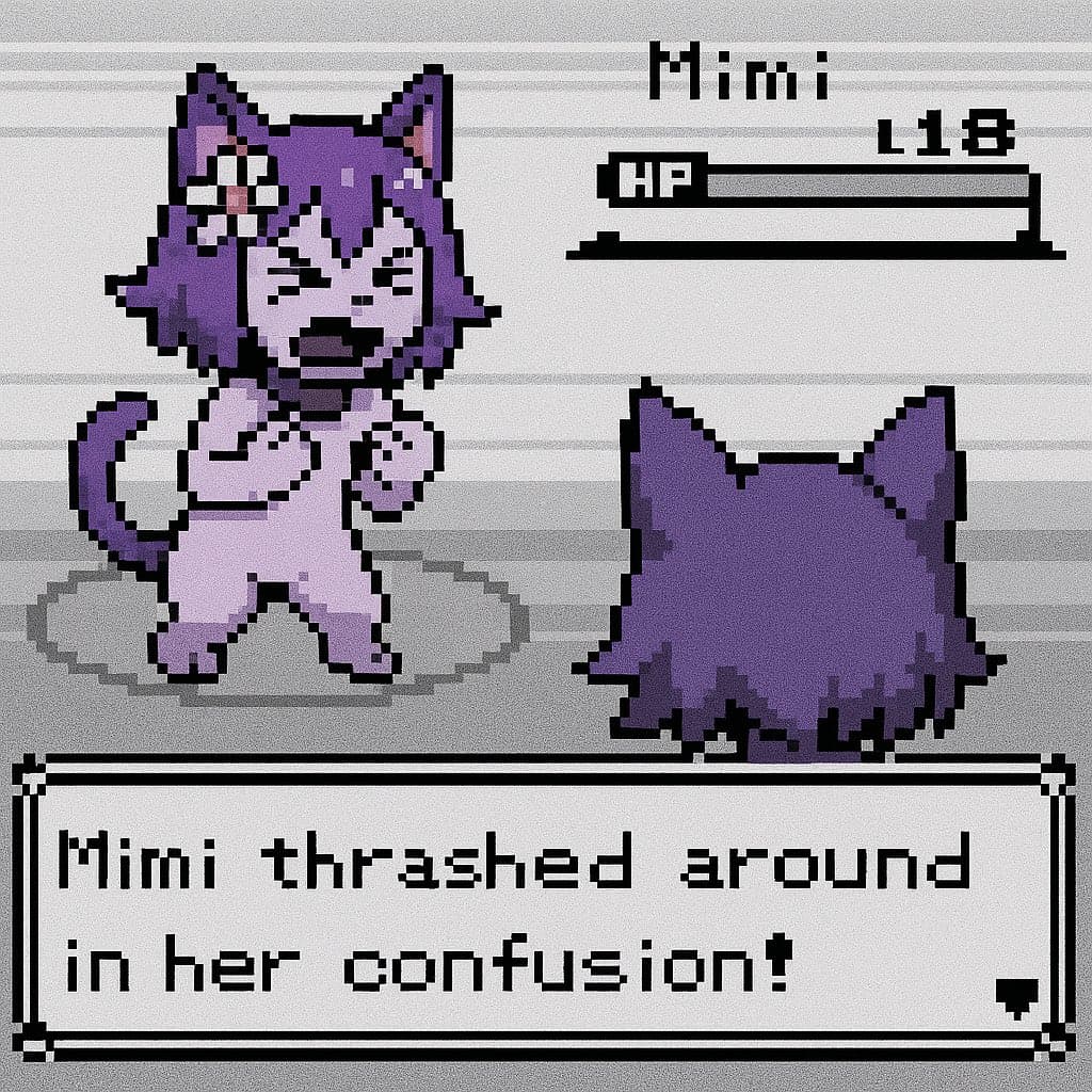 A pixel-art image styled like a Pokémon battle screen, showing a purple cat-like character named Mimi with a confused expression and a full HP bar. A text box at the bottom describes the character's action.