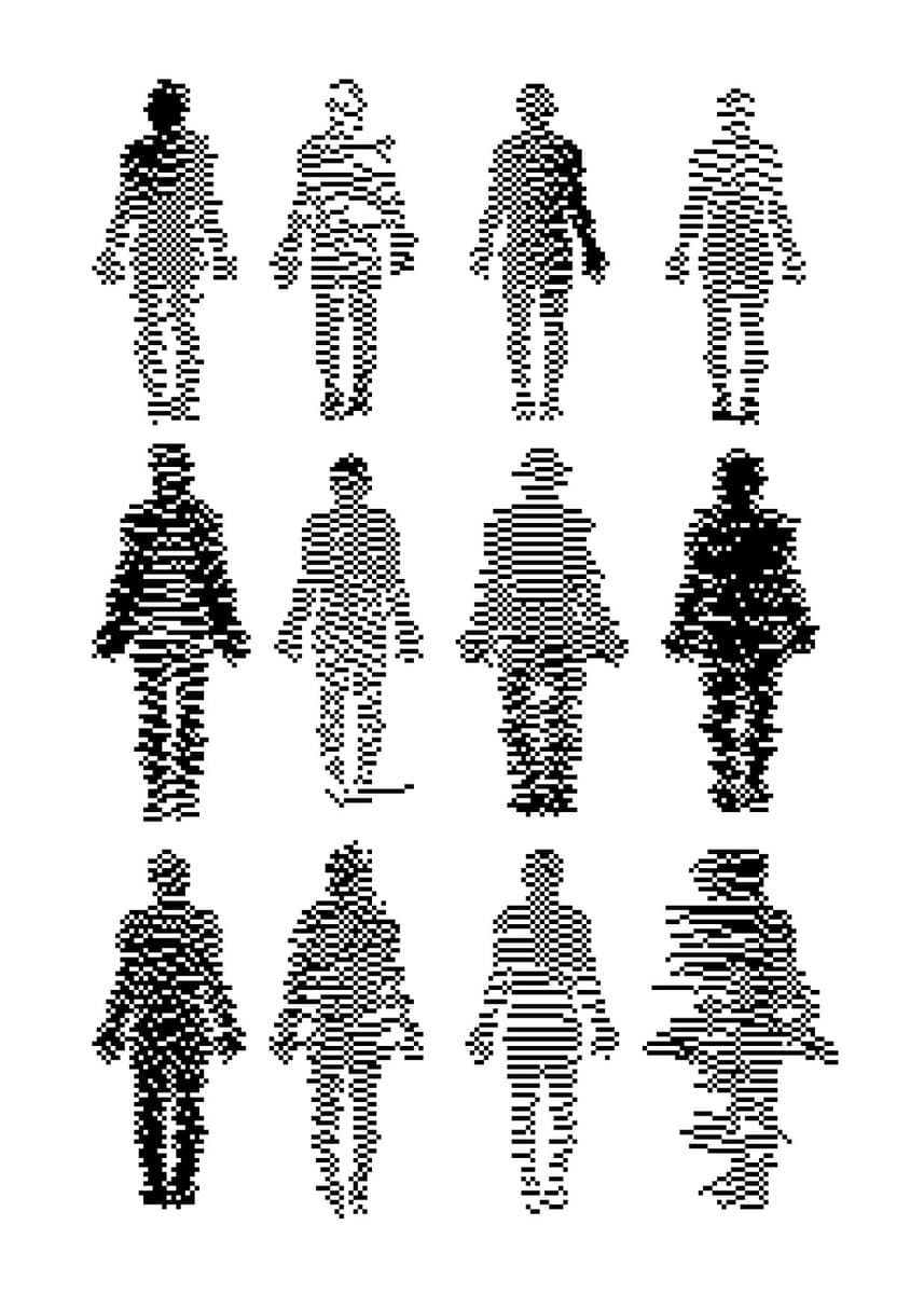 A black-and-white graphic showing twelve pixelated, low-resolution human figures arranged in a 3x4 grid. The figures appear to be silhouettes or heavily compressed images of people standing in various poses.