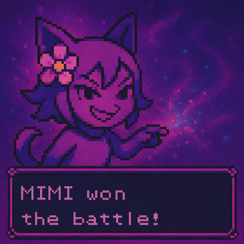 A pixel-art illustration of a purple, cat-eared character with a flower in its hair, set against a purple and blue cosmic background. Below the character is a text box with a pink border containing the message: 'MIMI won the battle!'