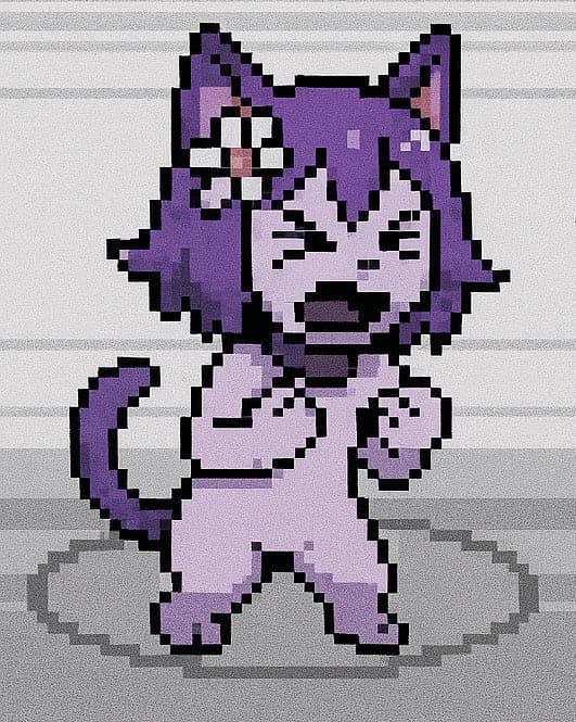 A pixel art illustration of a purple, cat-like character with large ears, a tail, and a surprised expression, standing on a gray background. The character has a white face and chest with purple fur on its head, ears, and limbs.