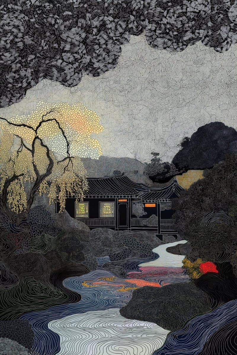 A detailed, stylized illustration of a traditional East Asian house with glowing windows, nestled among trees and rocks beside a winding stream at night. The artwork features intricate line work and a limited color palette, with a large, textured cloud formation overhead.
