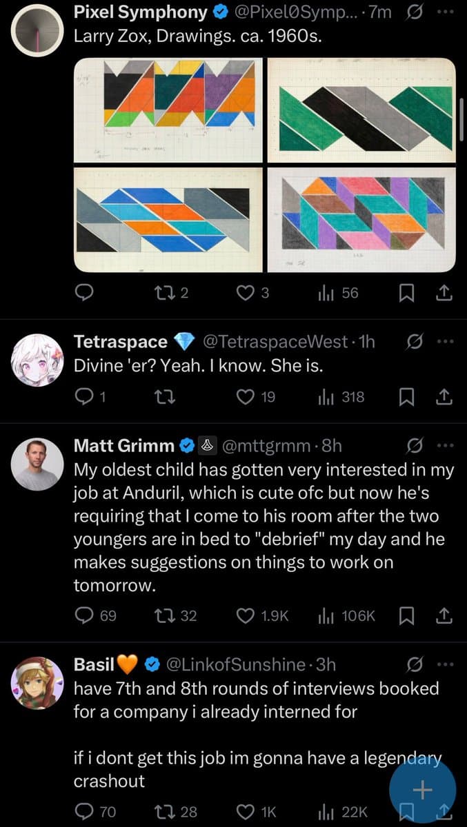 A screenshot of a Twitter (X) feed showing four consecutive posts. The top post by Pixel Symphony features a four-panel image of colorful, geometric, 1960s-style drawings. The posts below it are text-only tweets from users Tetraspace, Matt Grimm, and Basil, discussing various personal topics.