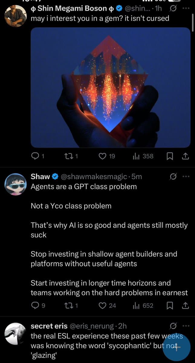A screenshot of a Twitter feed showing a thread of posts. The top post by user 'Shin Megami Boson' includes a photo of a hand holding a glowing, faceted gemstone. Below it, a post by 'Shaw' discusses AI agents, and a third post by 'secret eris' is partially visible at the bottom.