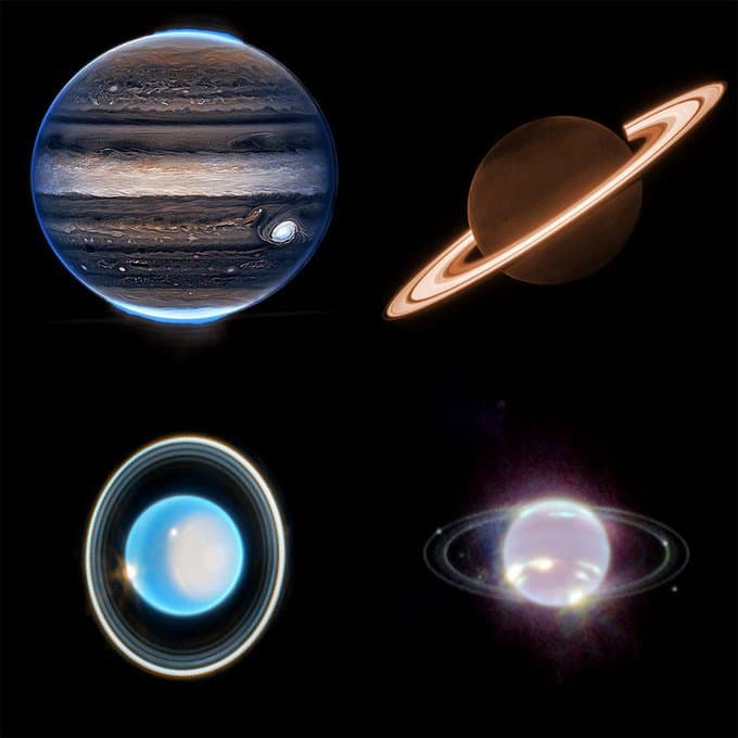 A composite image showing four of the solar system's giant planets—Jupiter, Saturn, Uranus, and Neptune—against a black background, each rendered with distinct colors and ring systems. The image appears to be a stylized or processed visualization, possibly inspired by or referencing the James Webb Space Telescope's observations.