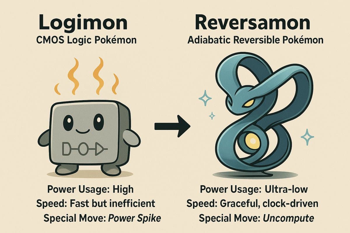 A humorous infographic comparing two fictional Pokémon: Logimon, a cute gray chip character emitting heat, and Reversamon, a sleek blue ribbon-like creature. The image presents them as different types of computing technology with contrasting stats for power usage, speed, and special moves.