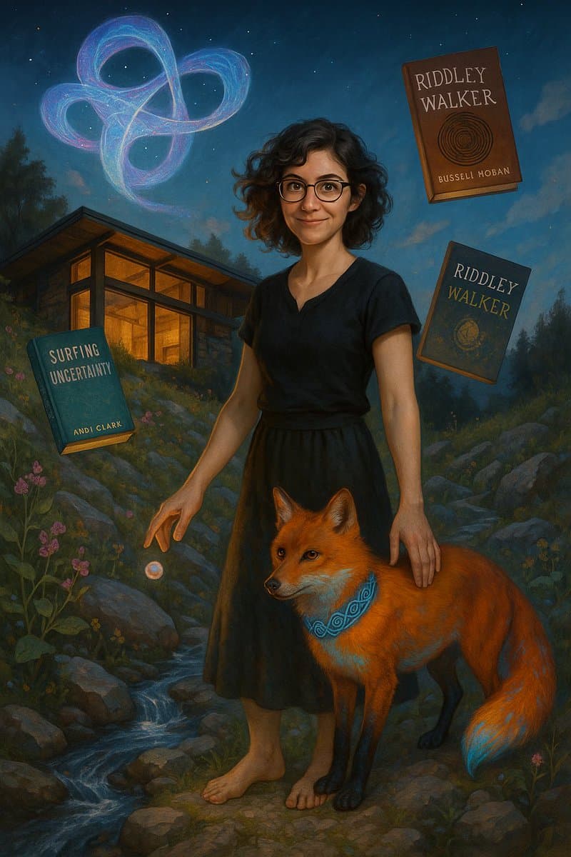 A digital painting of a woman with short dark hair and glasses standing barefoot next to a fox in a rocky, stream-side landscape at night. Three books float in the air around her, and a glowing, abstract symbol hangs in the sky above a cabin.