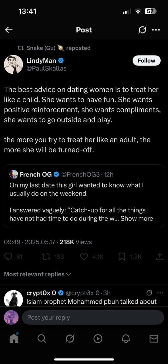 A screenshot of a Twitter (X) post by user LindyMan (@PaulSkallas), which was reposted by Snake (Gu). The post contains a quote about dating advice and includes a reply from user French OG (@FrenchOG3).