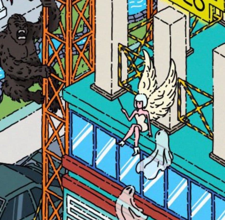 A cartoon illustration depicting a surreal scene on a city rooftop, featuring a screaming gorilla climbing a construction crane, a winged figure sitting on the edge, and two ghost-like figures floating nearby.