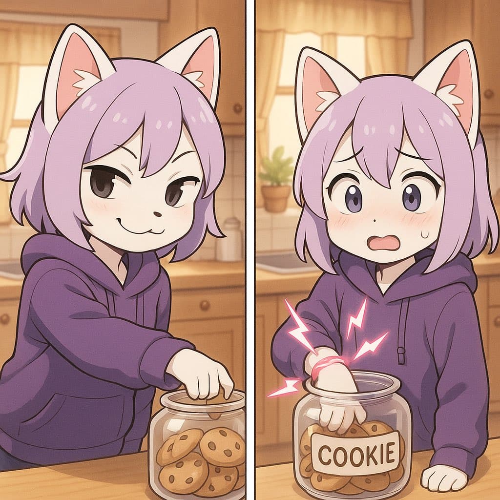 A two-panel digital illustration of a purple-haired anime character with cat ears in a kitchen. In the left panel, she smiles while reaching into a jar of cookies. In the right panel, she looks shocked as her hand is zapped by a pink electric shock from a red bracelet while reaching into the jar.