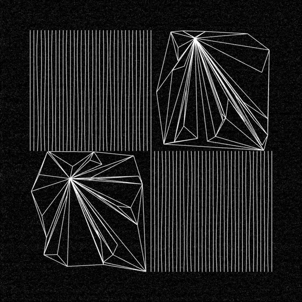 A black-and-white abstract geometric illustration featuring four quadrants: two contain faceted, wireframe polyhedra, while the other two consist of vertical line patterns. The image has a grainy, textured background.