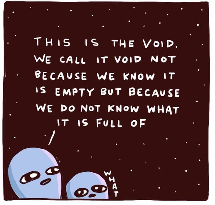 A digital illustration featuring two blue, wide-eyed alien characters in the bottom left corner against a dark, starry background. White, hand-drawn text occupies the upper portion of the image, with the word 'WHAT' written vertically next to the smaller alien.