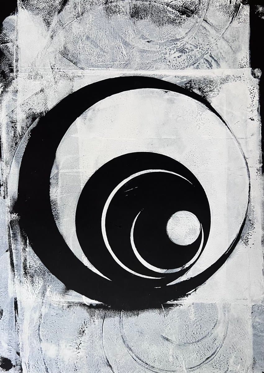 A black-and-white abstract screenprint featuring a large, stylized eye or spiral motif composed of bold black curves and a central white circle, set against a textured, mottled background. The artwork has a high-contrast, graphic quality typical of printmaking techniques.