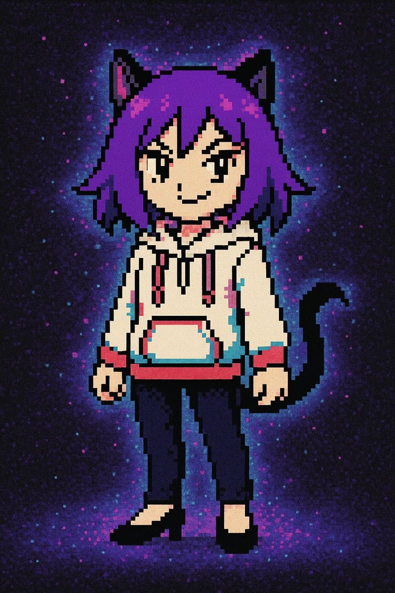 A pixel art illustration of a character with purple hair, black cat ears, and a black tail, wearing a white hoodie and dark pants against a dark, starry background.