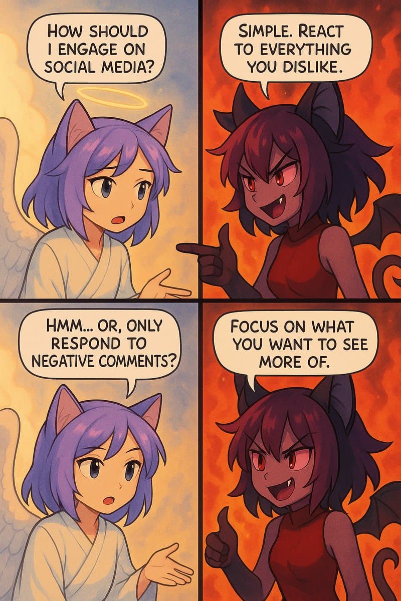 A four-panel comic contrasting two approaches to social media engagement. In the top-left and bottom-left panels, a purple-haired cat-eared angel character asks how to engage on social media and whether to only respond to negative comments. In the top-right and bottom-right panels, a red-haired cat-eared demon character against a fiery background advises to react to everything disliked and to focus on what you want to see more of.