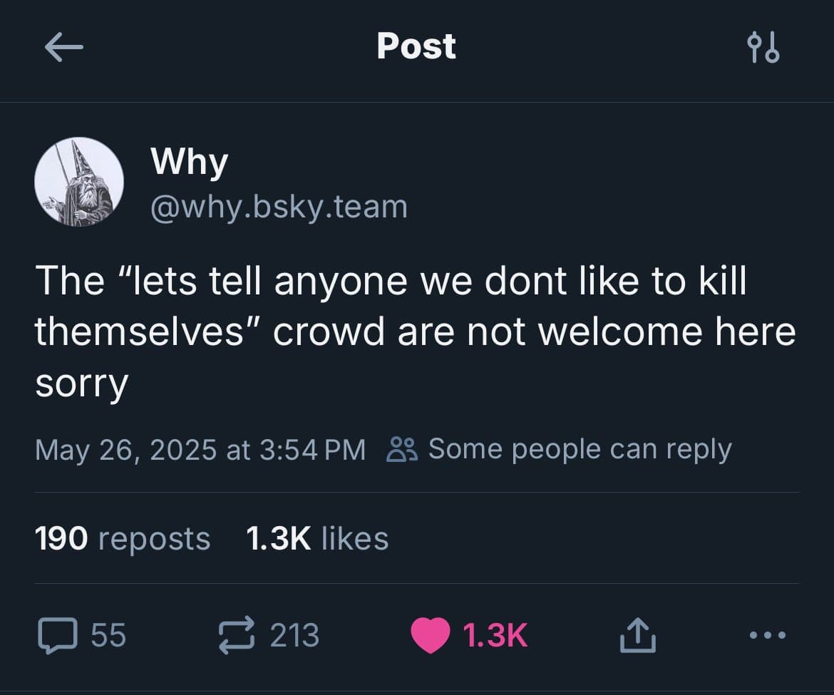 A screenshot of a social media post from the user 'Why' (@why.bsky.team) on a dark-themed interface. The post contains a statement about a specific group of people not being welcome.
