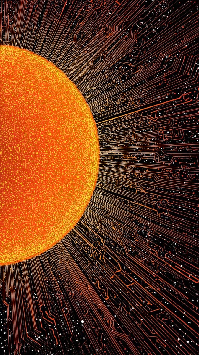A digital illustration depicting a glowing orange sun on the left, with its rays extending outward as intricate, circuit-board-like patterns against a black background. The image visually represents the concept that everything is connected to or made of computers.