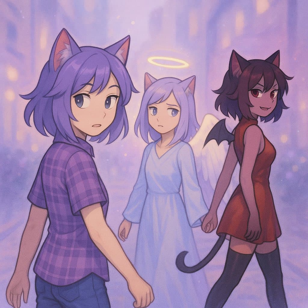 A digital illustration of three anime-style characters with animal ears and tails, standing in a row against a soft, purple-hued background. The character on the left has purple hair and a plaid shirt, the middle character has light purple hair, a halo, and angel wings, and the character on the right has dark hair, a red dress, and a devil's tail.