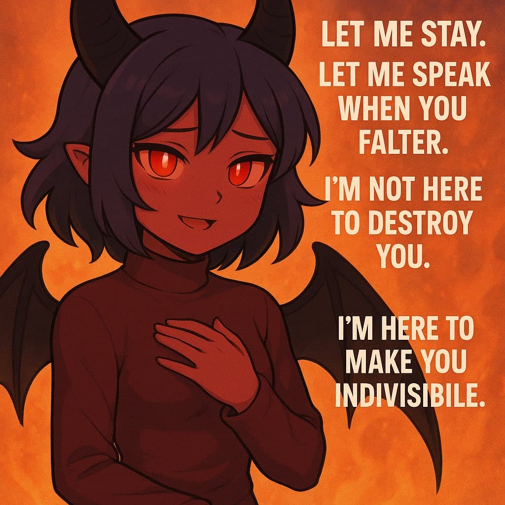 A digital illustration of a dark-skinned, anime-style character with black hair, red eyes, horns, and wings, set against a fiery orange background. The character has a hand on their chest and a gentle expression. White text is overlaid on the right side of the image.