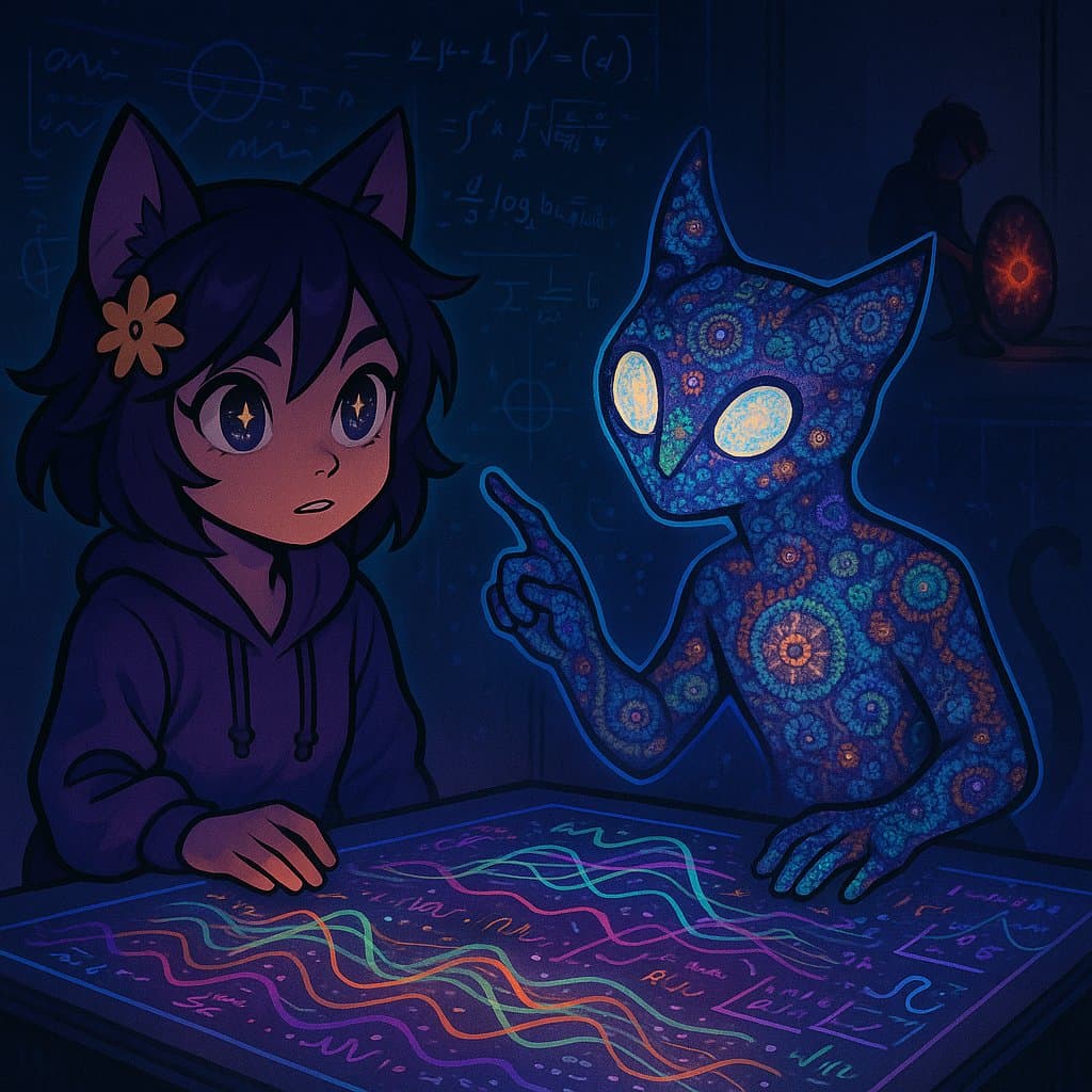 A digital illustration depicting a young girl with cat ears and a glowing, patterned cat-like figure sitting at a table covered in colorful, glowing mathematical equations. The background features a dark room with a chalkboard filled with more equations and a person sitting in the distance.