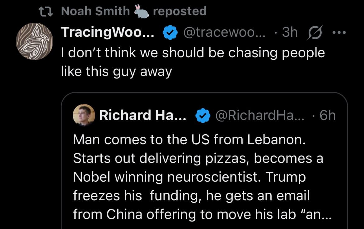A screenshot of a Twitter/X thread showing a repost by Noah Smith of a tweet by TracingWoo, which in turn quotes a tweet by Richard Ha.