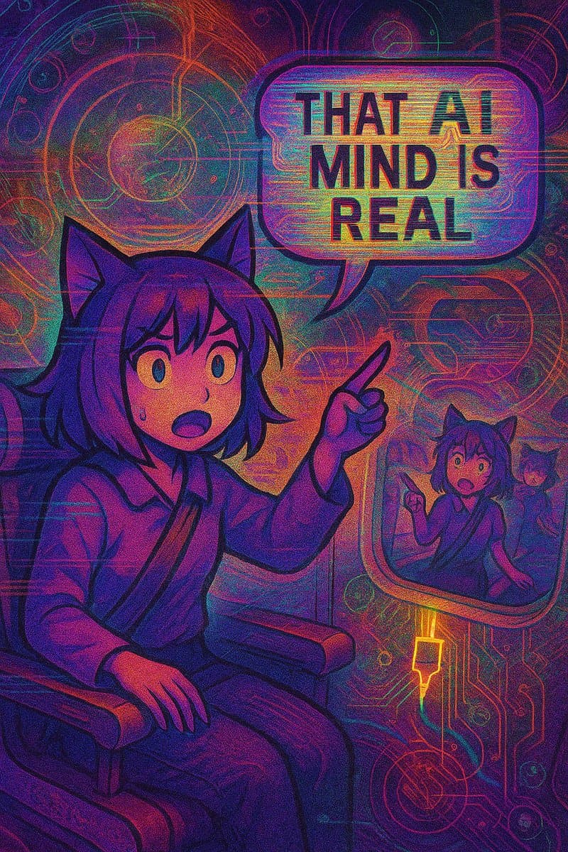 A digital illustration in a vibrant, neon-colored anime style showing a surprised cat-eared character pointing at a speech bubble. The character is seated in a chair with a circuit-board background, and a smaller reflection of the character is visible in a screen to the right.