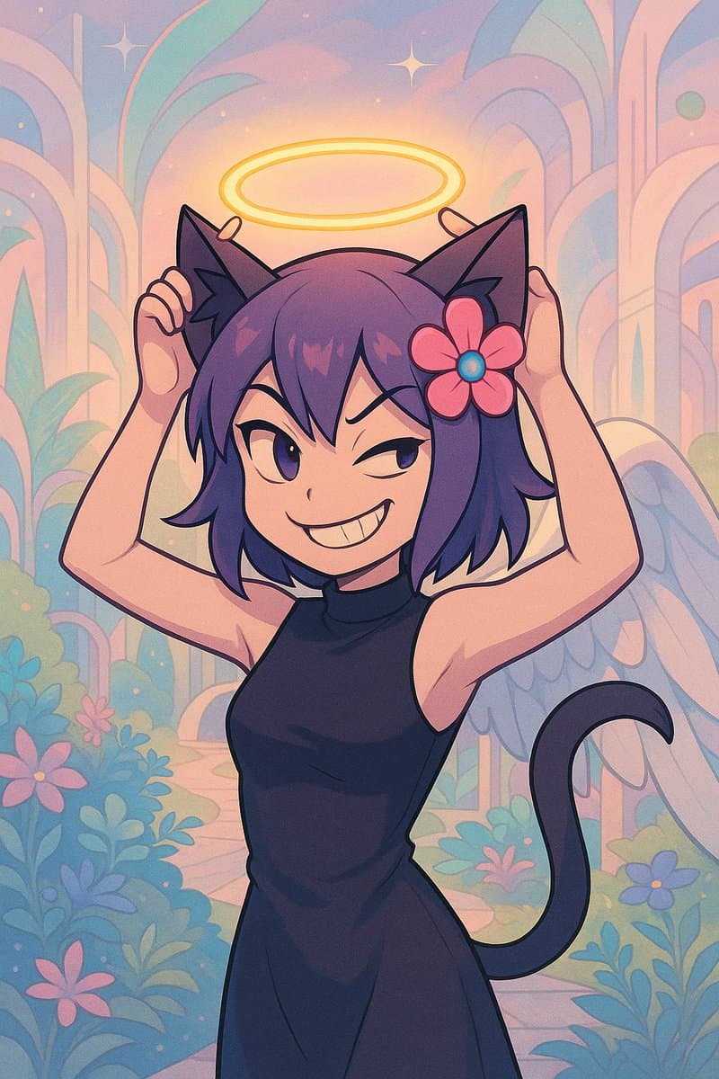 A digital illustration of a smiling, purple-haired anime-style character with cat ears and a tail, wearing a black dress and a pink flower in her hair. She has a glowing halo above her head and white wings, standing in a colorful, stylized garden setting.