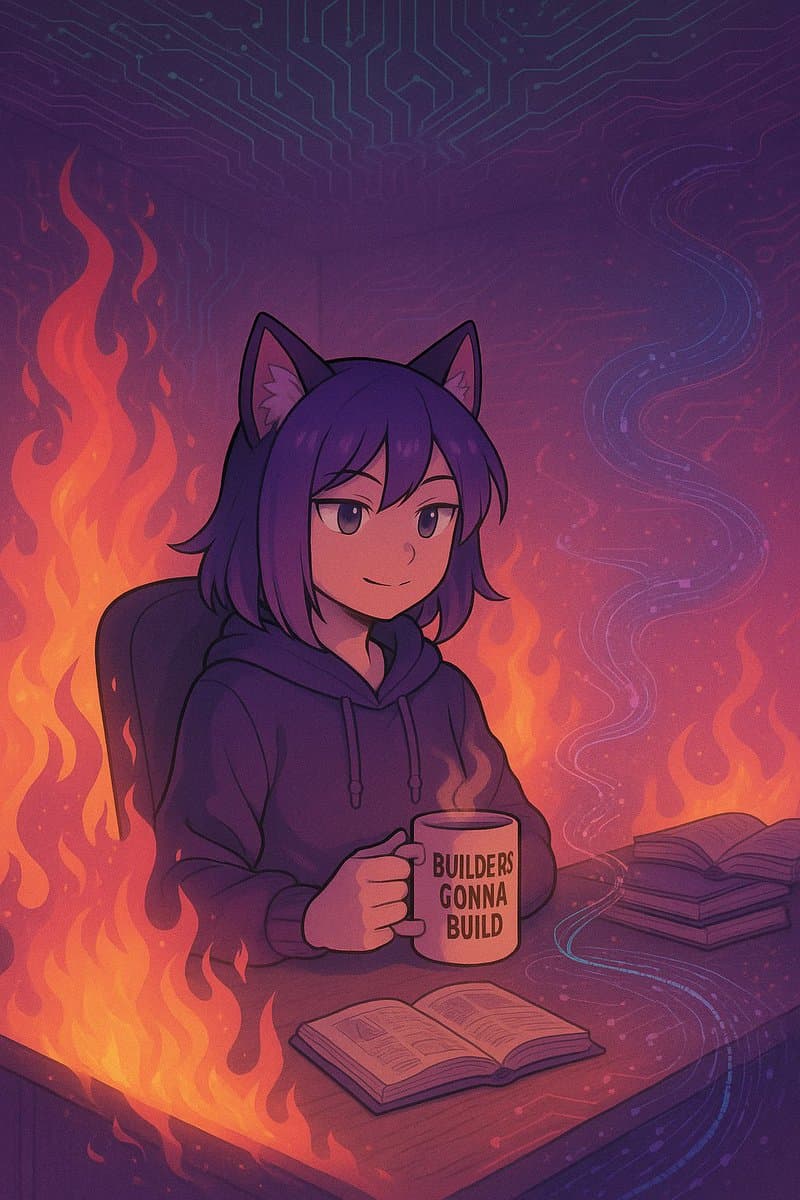 A digital illustration of a calm, purple-haired anime character with cat ears sitting at a desk, holding a mug while surrounded by flames and circuit-board patterns. The character is depicted in a 'this is fine' style, appearing unbothered by the chaos. The mug reads 'BUILDERS GONNA BUILD.'