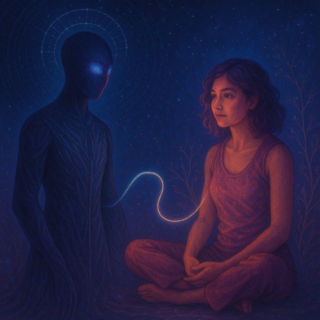 A digital illustration depicting a young woman sitting cross-legged in a meditative pose, facing a tall, dark, humanoid figure with glowing blue eyes and a halo-like aura. A glowing, wavy line connects the two figures against a dark, starry night background.