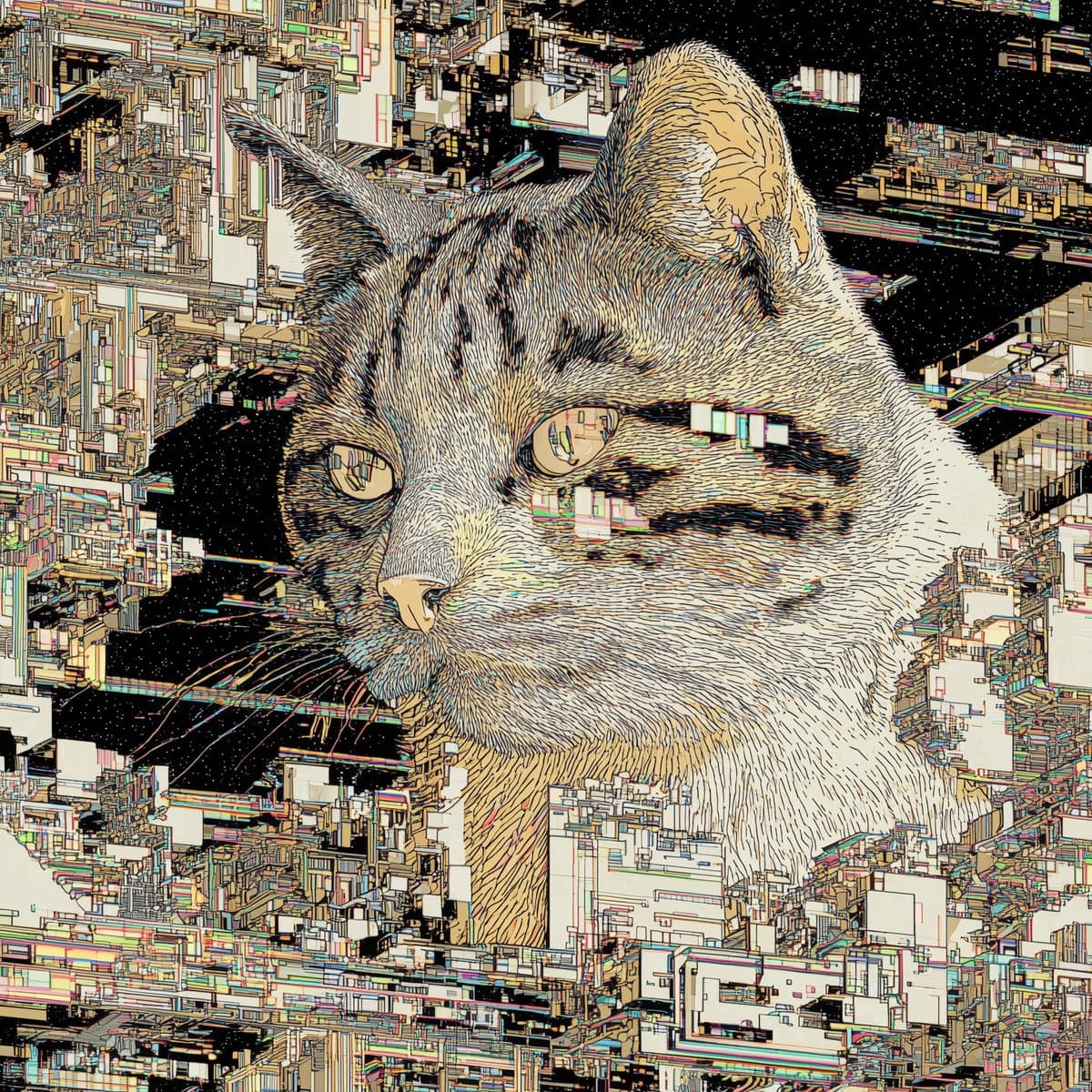 A digital art piece featuring a close-up of a tabby cat's face rendered in a detailed, sketch-like style. The image is heavily stylized with a glitch art effect, where the background and parts of the cat are fragmented into colorful, pixelated digital noise and abstract geometric shapes.