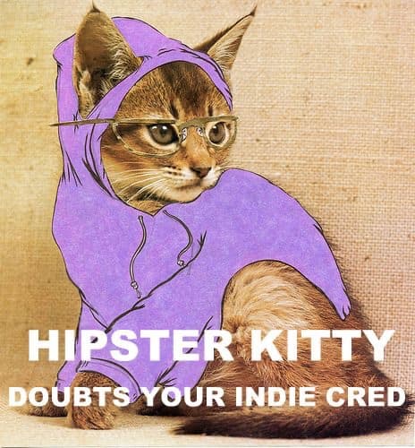 A digitally edited image of a cat wearing a purple hoodie and glasses, set against a textured beige background. The cat is sitting and looking to the side. White text is overlaid at the bottom of the image.