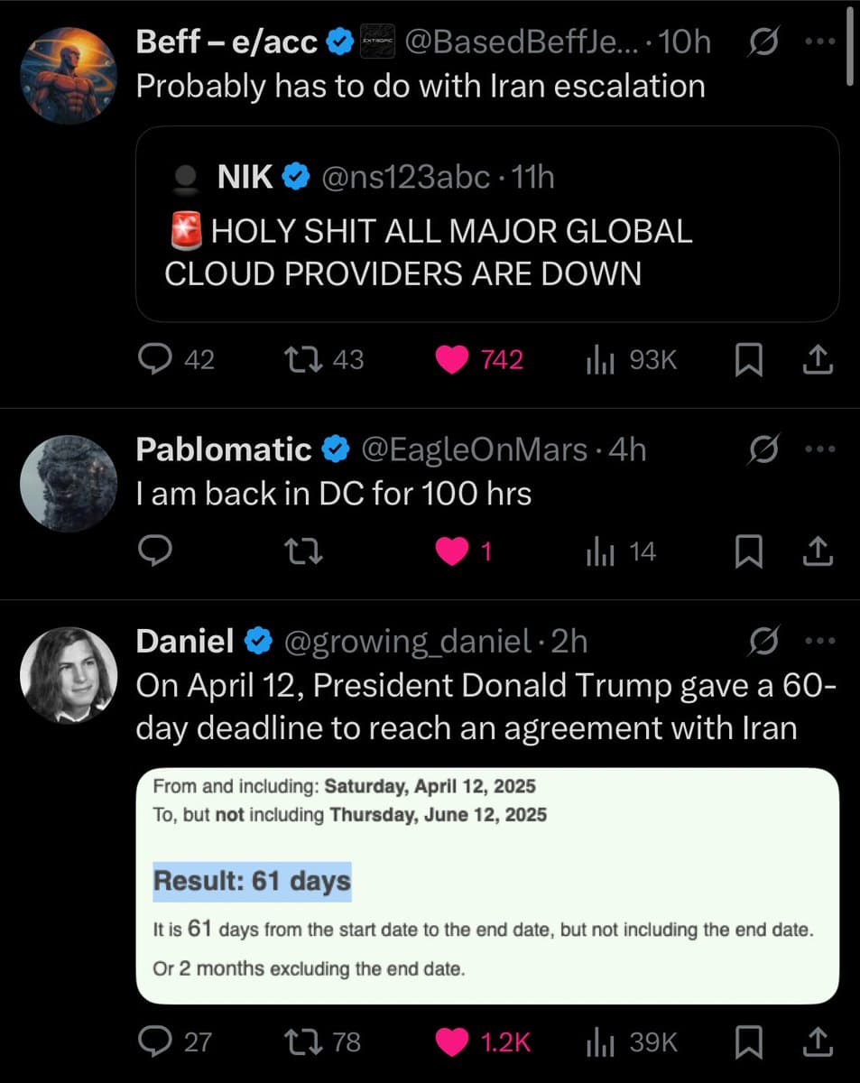 A screenshot of a Twitter thread discussing a global cloud provider outage and a 60-day deadline for an agreement with Iran. The thread includes a reply from user @EagleOnMars stating, "I am back in DC for 100 hrs," and a quote tweet from user @growing_daniel showing a date calculation image.