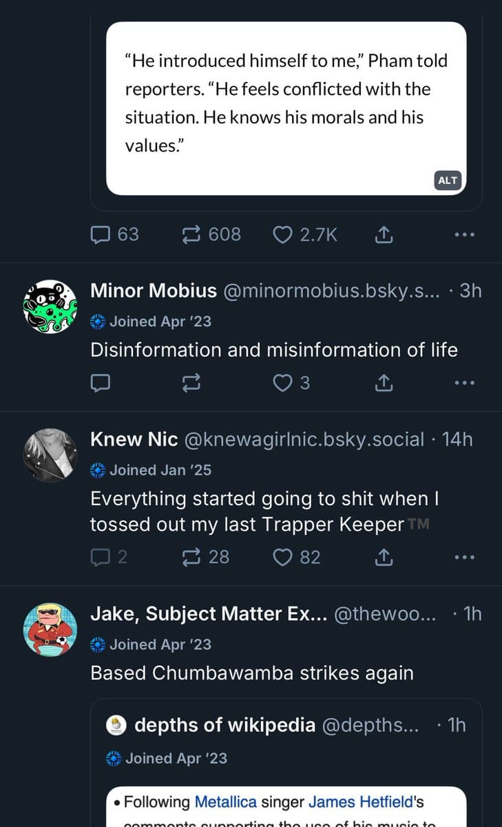A screenshot of a social media feed (Bluesky) showing a thread of posts. The top post contains a quote about a person named Pham, followed by replies from users 'Minor Mobius', 'Knew Nic', and 'Jake, Subject Matter Ex...', with the last post partially visible.