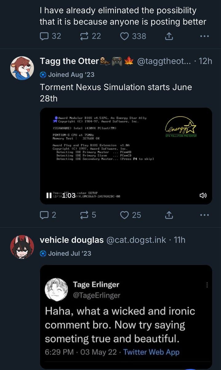A screenshot of a social media feed showing a post by user 'Tagg the Otter' about a 'Torment Nexus Simulation' starting June 28th, accompanied by a video of a computer BIOS screen. Below it is a reply from 'vehicle douglas' featuring a screenshot of a tweet by 'Tage Erlinger' that reads, 'Haha, what a wicked and ironic comment bro. Now try saying something true and beautiful.'