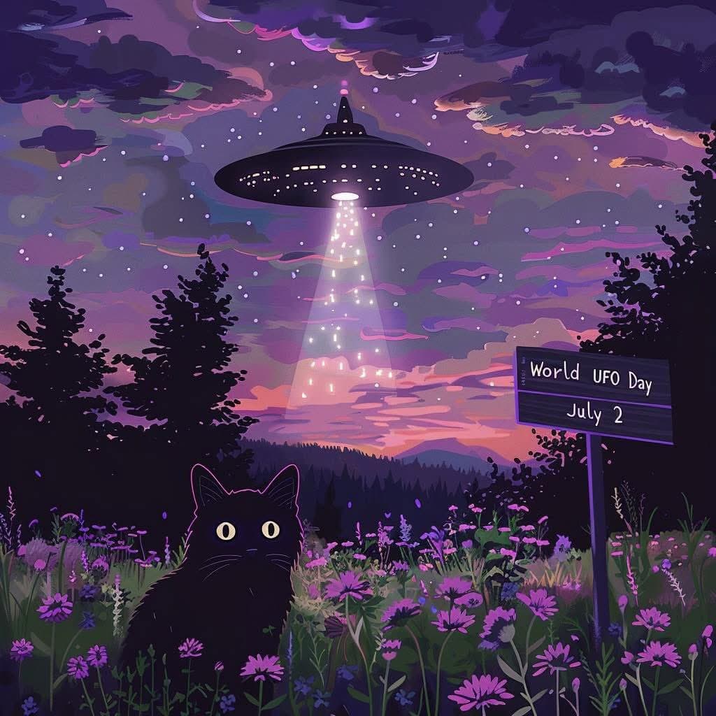 A digital illustration depicts a black cat sitting in a field of purple flowers at dusk, looking up at a glowing UFO hovering in the sky. A sign on the right reads 'World UFO Day July 2'.