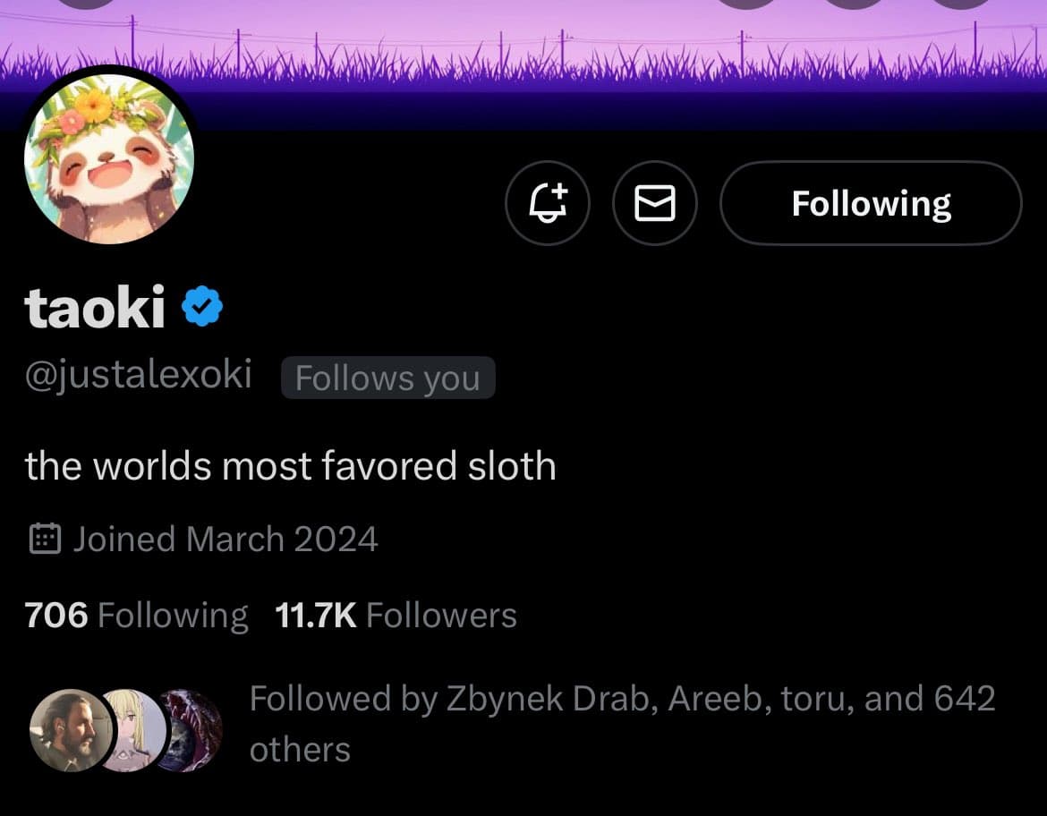 A screenshot of a Twitter profile page for the user 'taoki' (@justalexoki). The profile features a cartoon sloth avatar, a 'Following' button, and a bio that reads 'the worlds most favored sloth'.