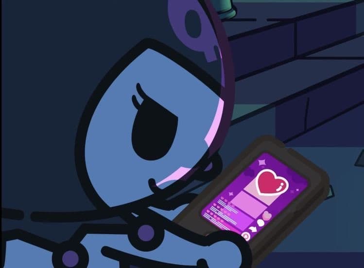 A digital illustration of a blue, cartoon-style character with a closed eye looking down at a smartphone. The phone screen displays a purple interface featuring a red heart icon.