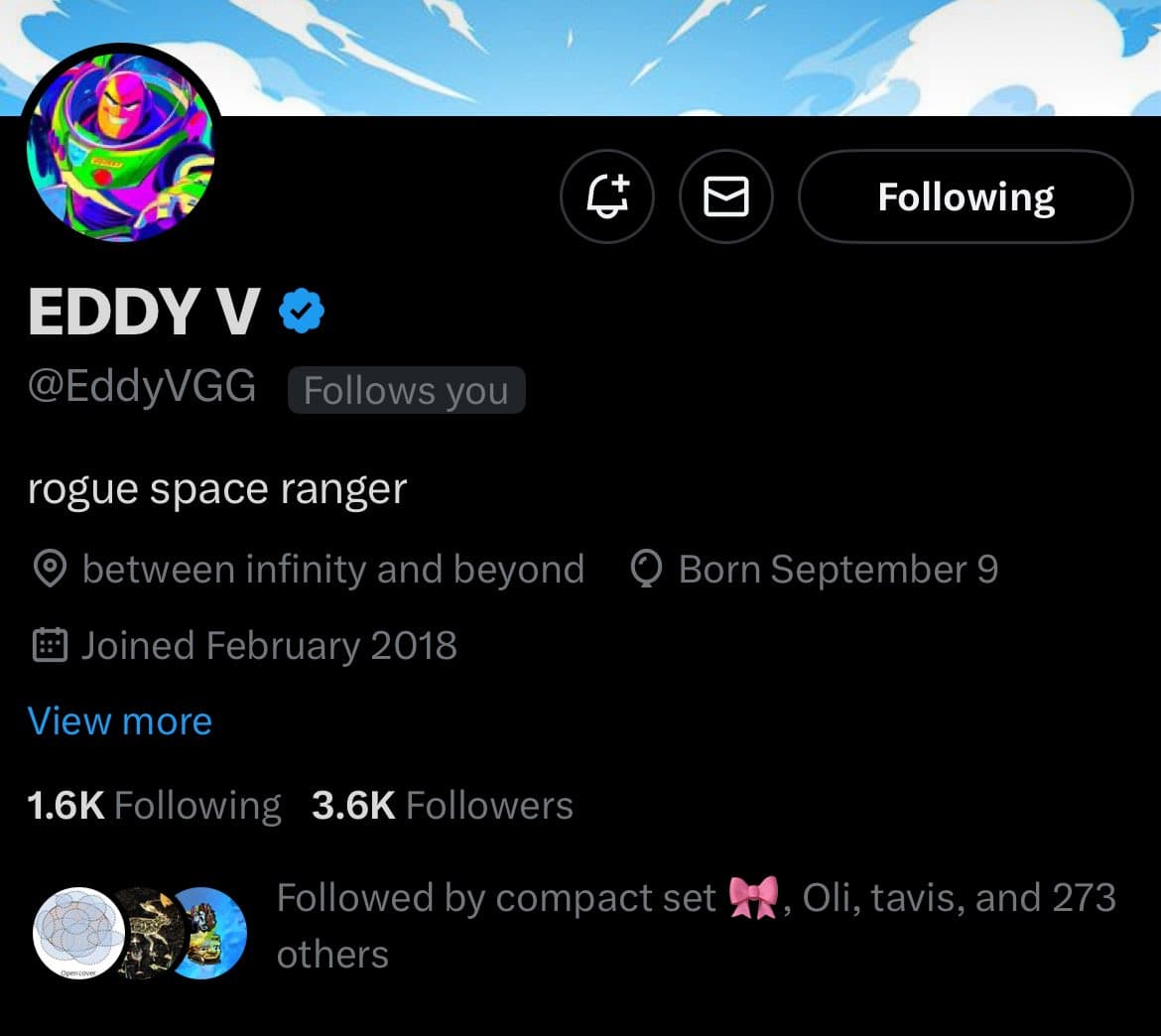 A screenshot of a Twitter profile page for the user EDDY V (@EddyVGG). The profile features a colorful Buzz Lightyear avatar, a bio reading "rogue space ranger," and location text "between infinity and beyond." The page shows the user is following the viewer, with 1.6K following and 3.6K followers.