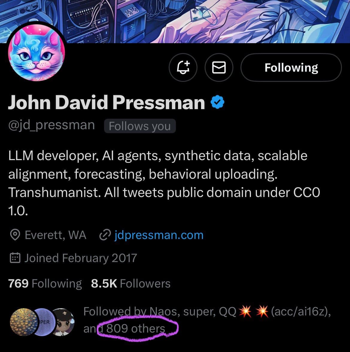 A screenshot of a Twitter profile page for the user John David Pressman (@jd_pressman). The profile shows a bio, location, and follower count, with the text 'and 809 others' circled in purple at the bottom.
