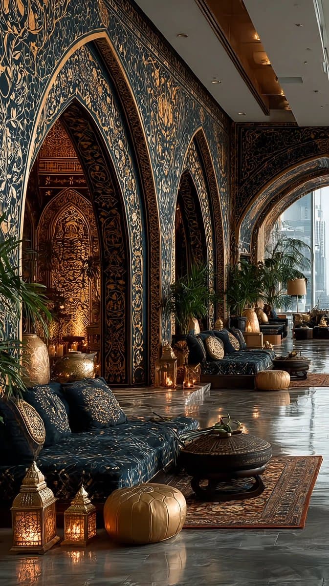 A luxurious interior space featuring ornate, gold-embellished blue walls with arched doorways, low seating with patterned cushions, and decorative lanterns on a polished floor.