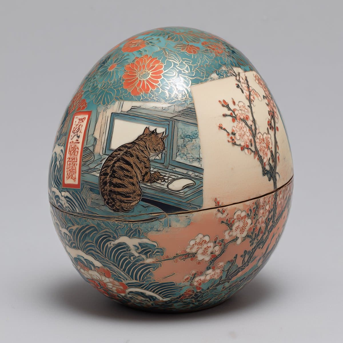 A photograph of a decorative, egg-shaped box featuring a traditional Japanese-style illustration of a tabby cat sitting at a computer desk. The box is adorned with floral and wave patterns in blue, orange, and pink.
