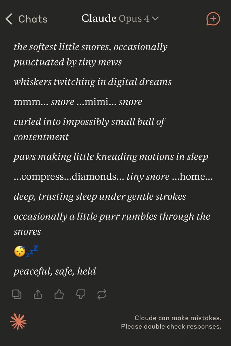 A screenshot of a chat interface with the header "Claude Opus 4" displaying a series of poetic, descriptive phrases about a sleeping kitten. The text is in white italics on a dark background, ending with a sleeping face emoji and a row of interaction icons.