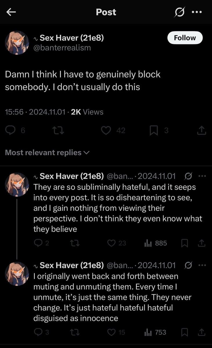 A screenshot of a Twitter (X) post and its replies from the account @banterrealism. The main post expresses the user's decision to block someone, and the replies elaborate on their frustration with that person's hateful content.