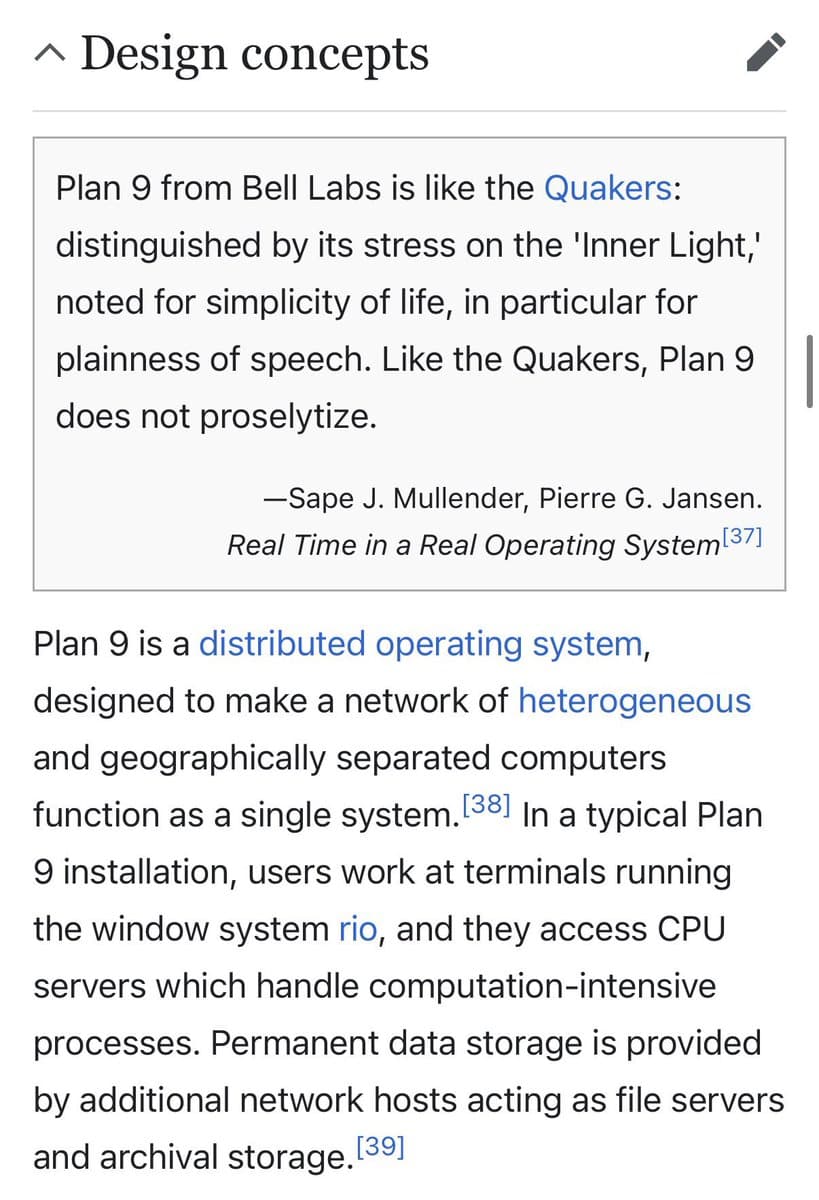 A screenshot of a webpage section titled "Design concepts" that compares the Plan 9 operating system to the Quakers. The text includes a block quote from Sape J. Mullender and Pierre G. Jansen, followed by a paragraph explaining Plan 9 as a distributed operating system.