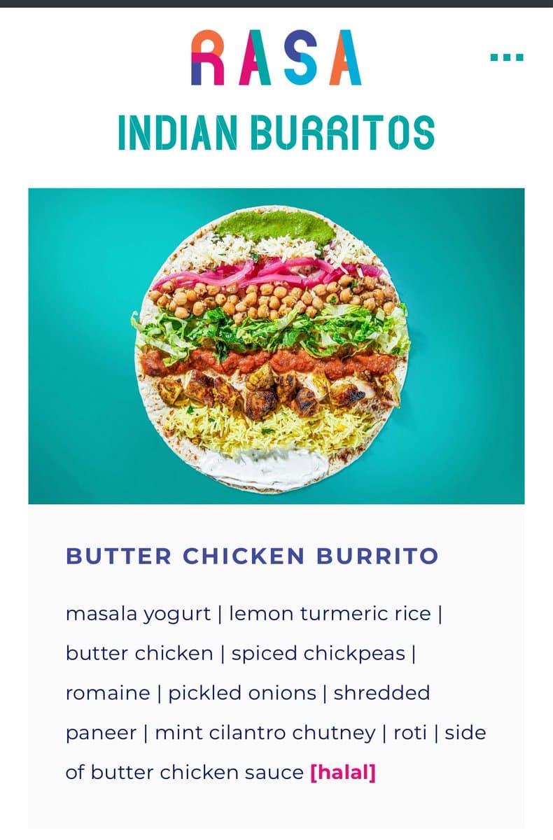 A promotional menu image for Rasa Indian Burritos featuring a top-down photo of a Butter Chicken Burrito on a teal background. The image includes the restaurant's logo and a detailed ingredient list below the photo.